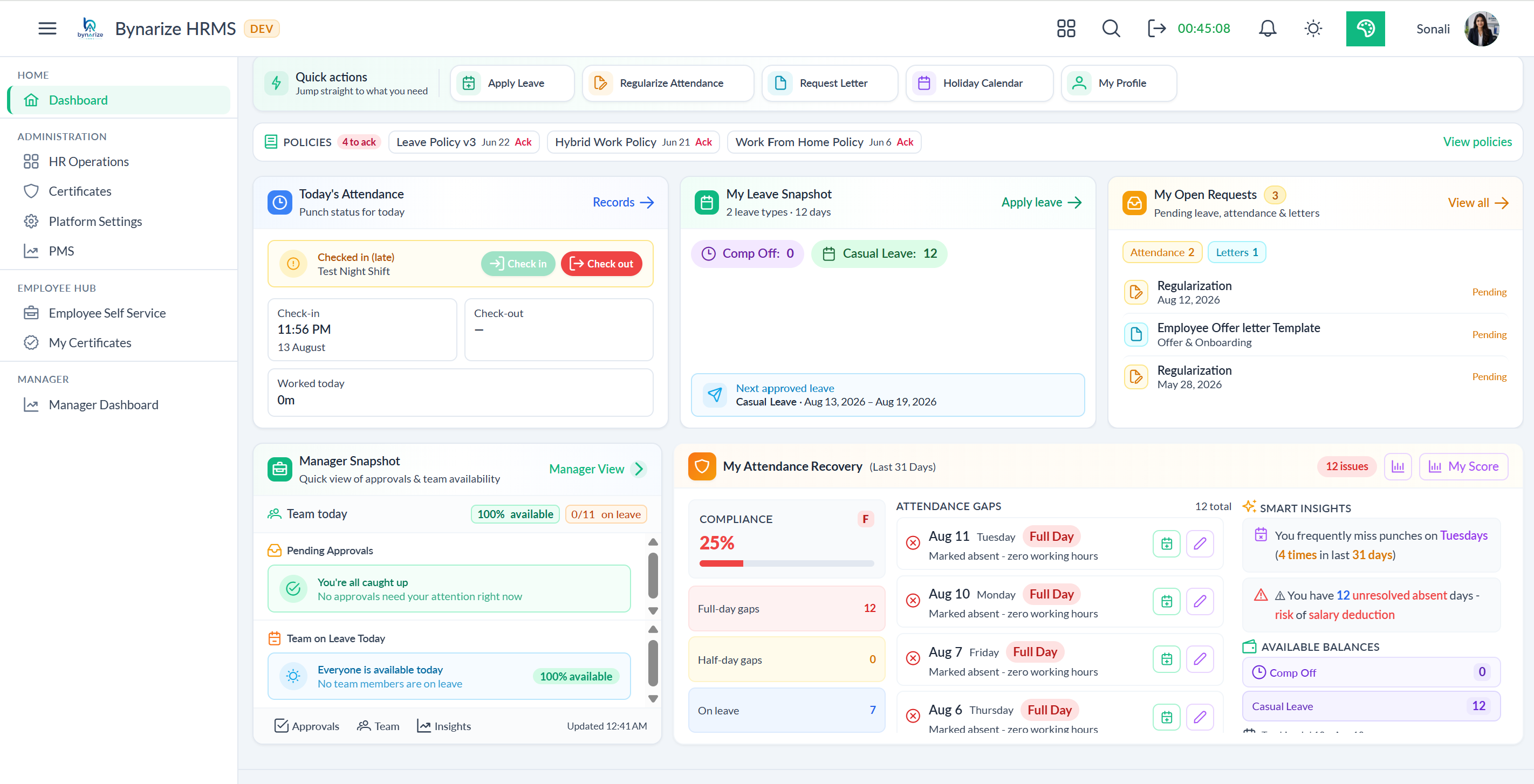 Bynarize home dashboard